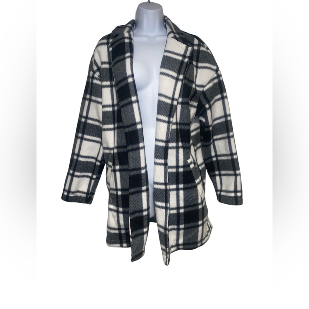 black and white plaid fleece open front jacket